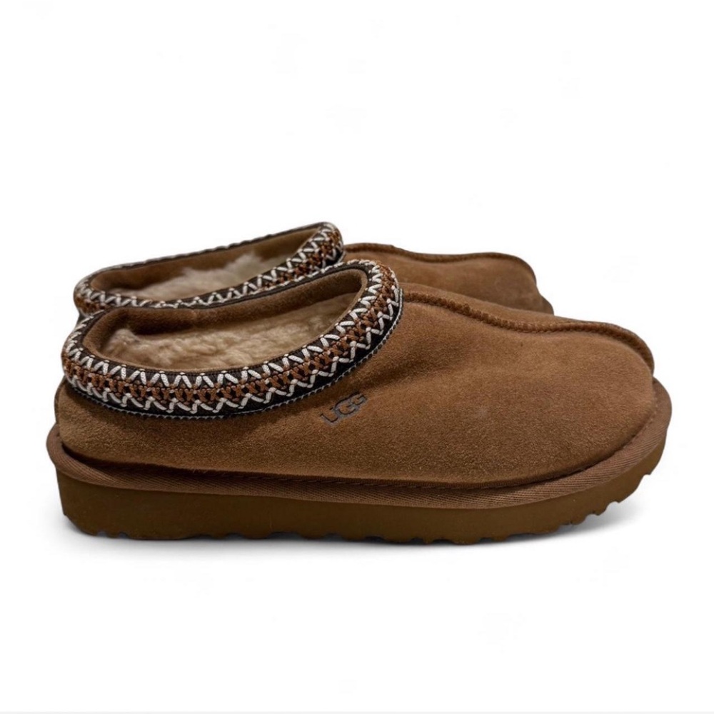 UGGS Brown Suede Slippers with Patterned Trim